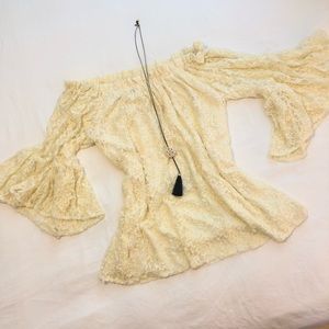 Romantic lace off-shoulder trumpet sleeve blouse